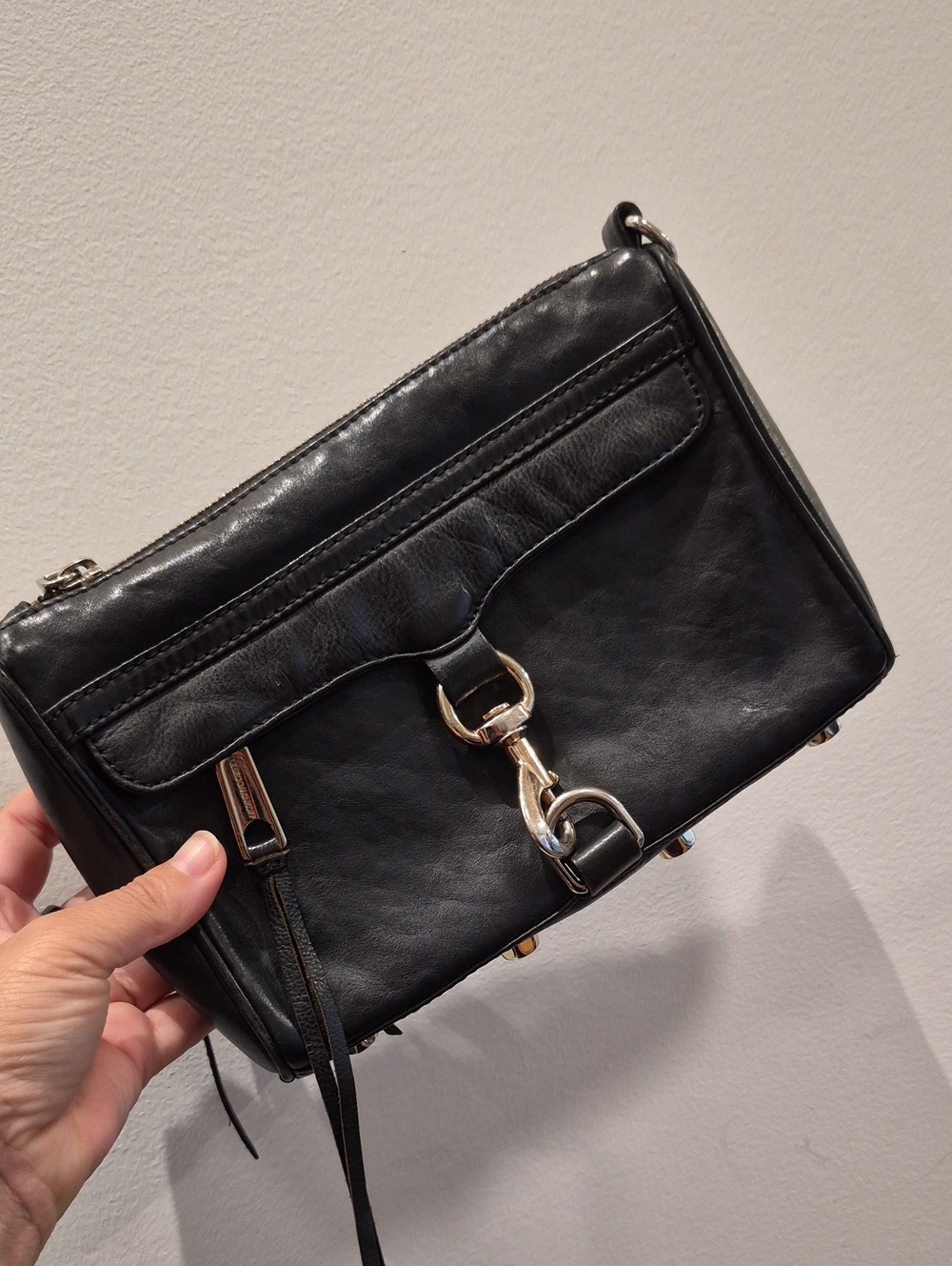 REBECCA MINKOFF Black Leather Crossbody Bag with Silver Hardware [No Strap]